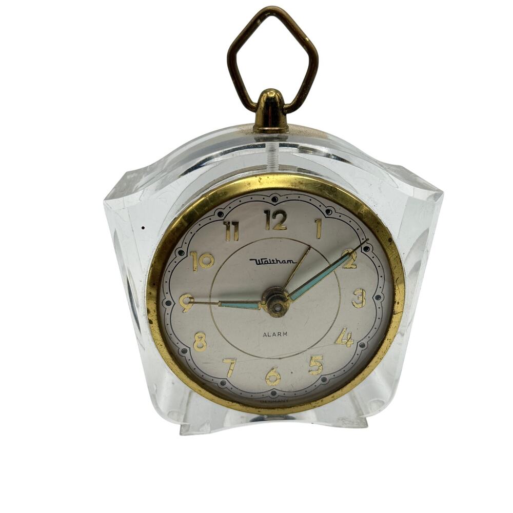 Waltham Alarm Clock Mechanical Clear Lucite Case Brass Germany Parts Display